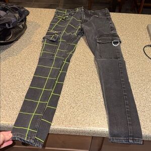 Hot topic denim bondage punk goth stinger green striped black jeans
